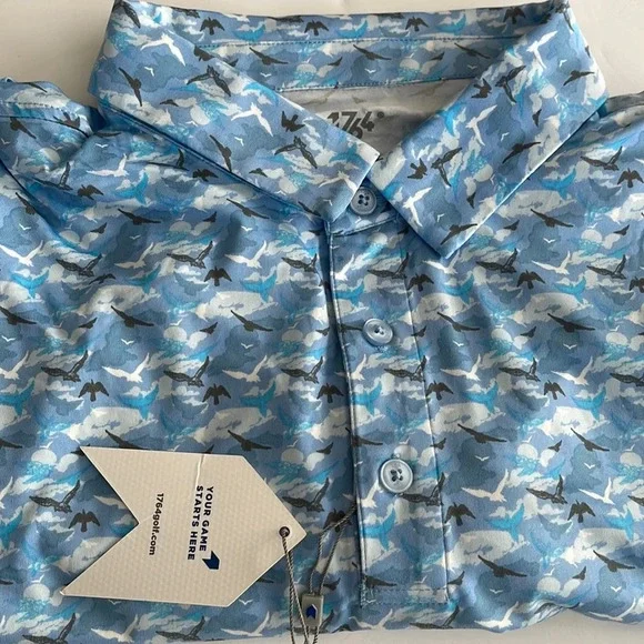 1764 Golf Polo birds clouds All Over Print Performance Mens XL - Picture 5 of 12